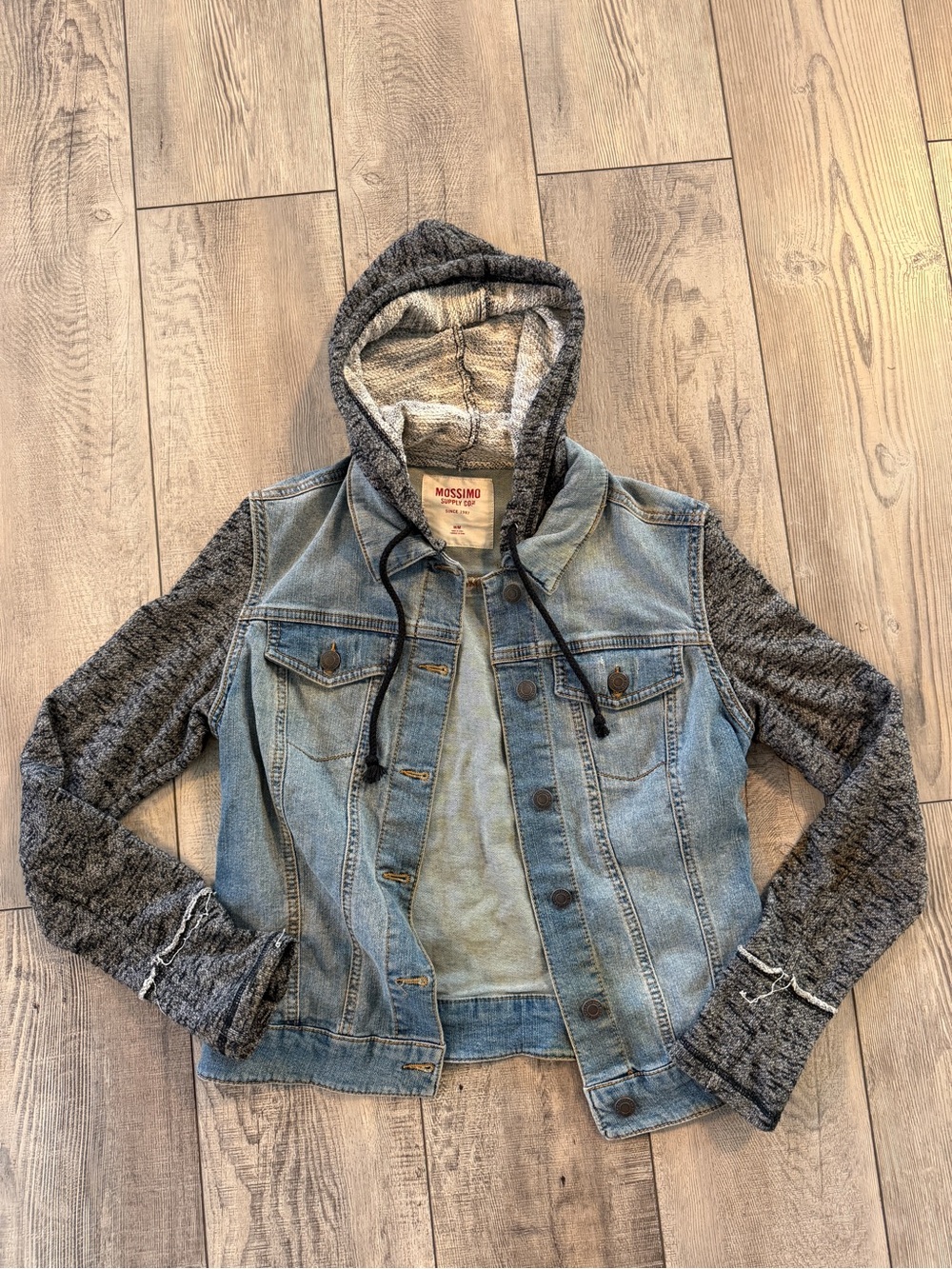 Mossimo Supply Co. Light Blue Denim Jacket with Gray Knit Hood & Sleeves